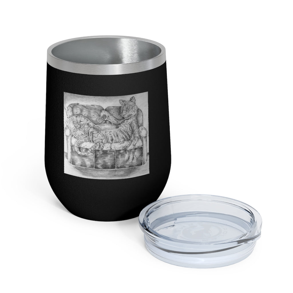 Tiger on a Couch 12oz Insulated Wine Tumbler with clear lid, showcasing its stylish design and stainless steel construction.