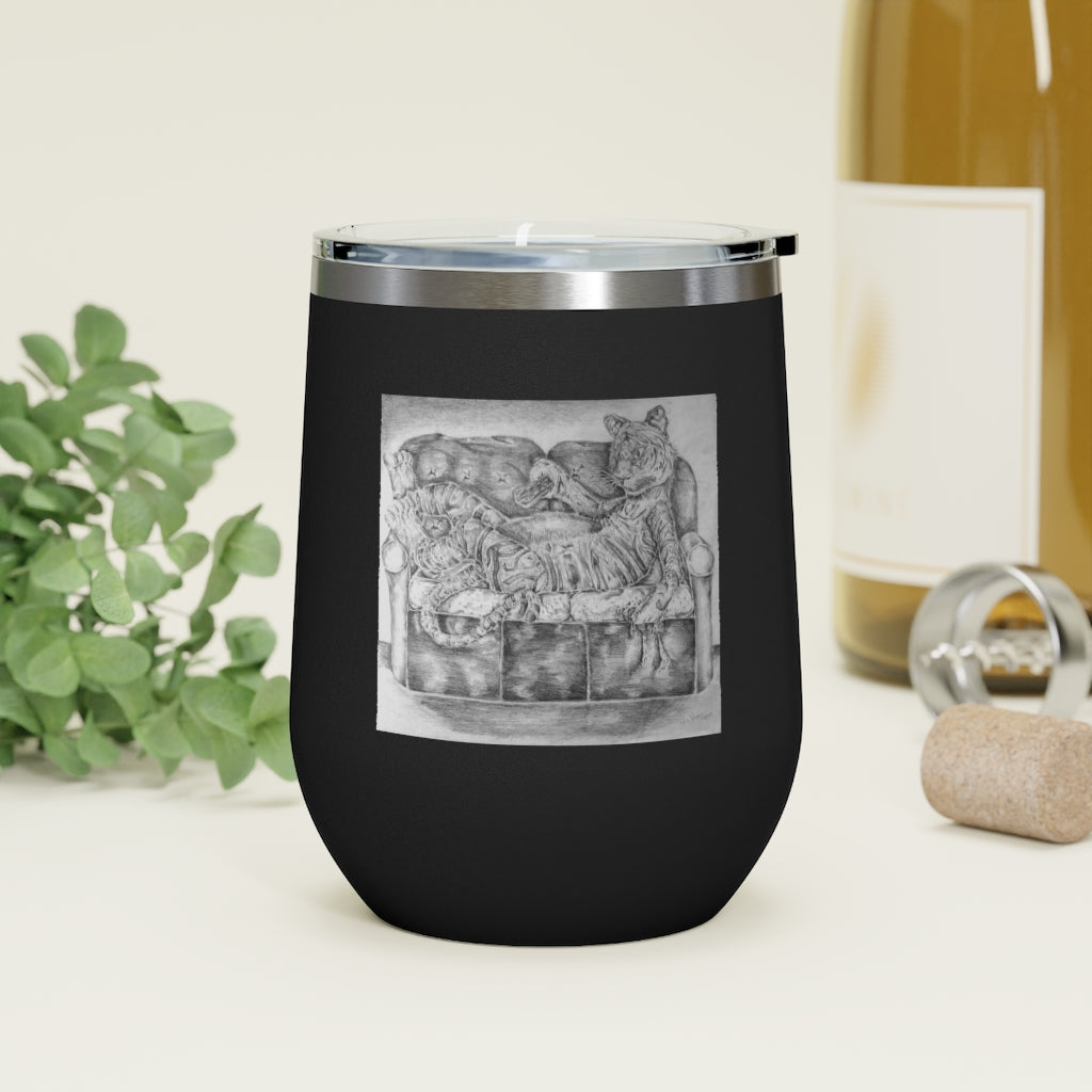 Tiger on a Couch 12oz Insulated Wine Tumbler with clear lid, showcasing its stylish design and stainless steel construction.