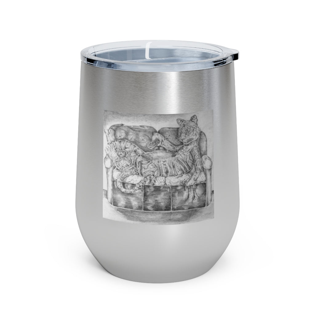 Tiger on a Couch 12oz Insulated Wine Tumbler with clear lid, showcasing its stylish design and stainless steel construction.