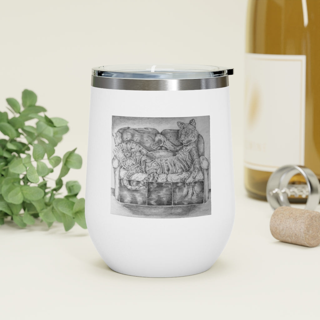 Tiger on a Couch 12oz Insulated Wine Tumbler with clear lid, showcasing its stylish design and stainless steel construction.