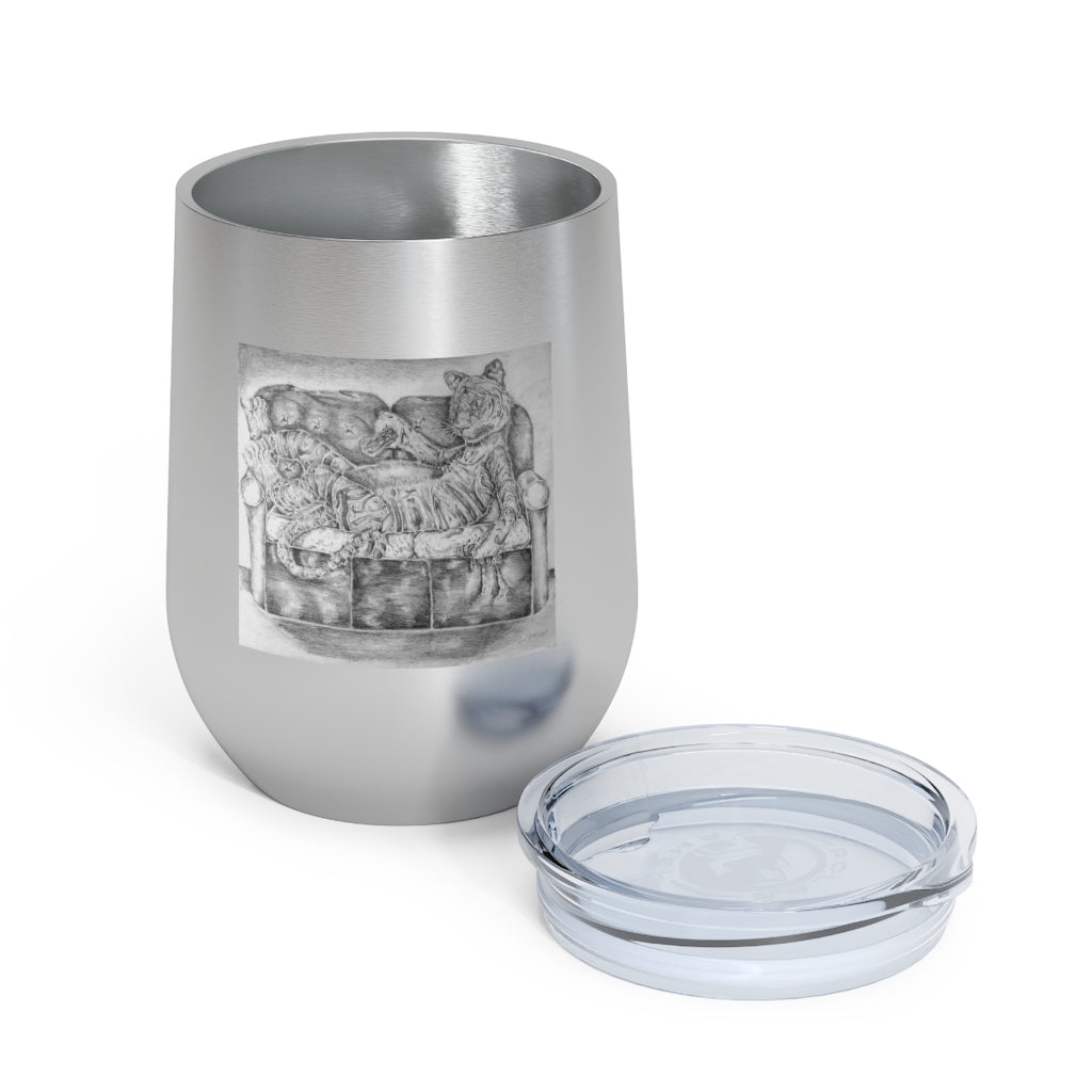 Tiger on a Couch 12oz Insulated Wine Tumbler with clear lid, showcasing its stylish design and stainless steel construction.