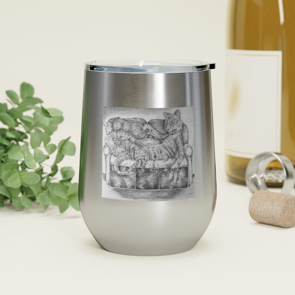 Tiger on a Couch 12oz Insulated Wine Tumbler with clear lid, showcasing its stylish design and stainless steel construction.