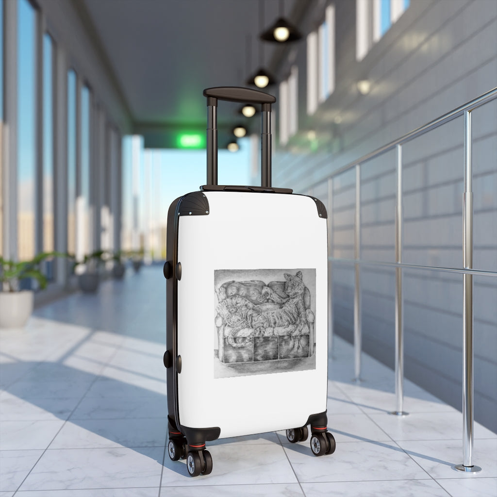 A stylish Tiger on a Couch Cabin Suitcase featuring a personalized faux leather design, adjustable handle, and 360° swivel wheels.