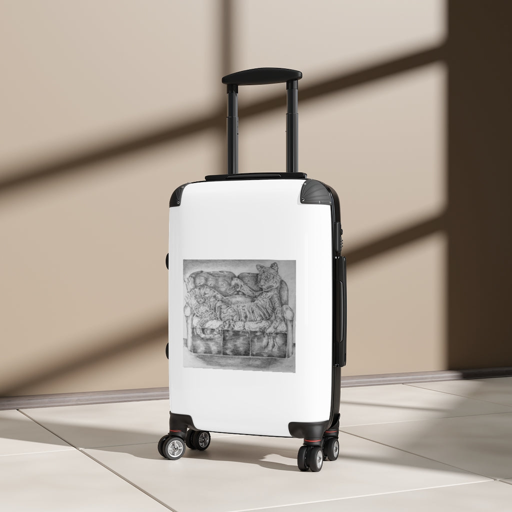 A stylish Tiger on a Couch Cabin Suitcase featuring a personalized faux leather design, adjustable handle, and 360° swivel wheels.