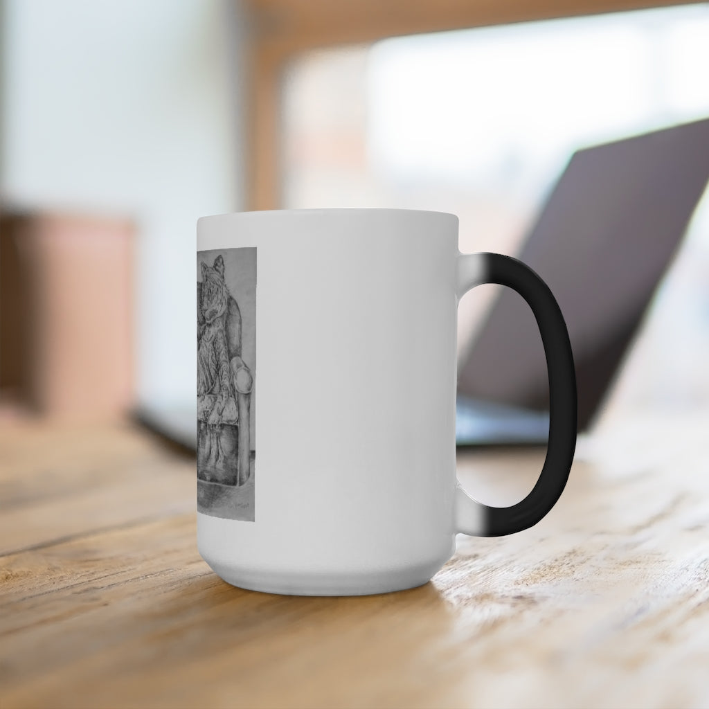 A whimsical color changing mug featuring a tiger lounging on a couch, showcasing its unique design and vibrant colors.