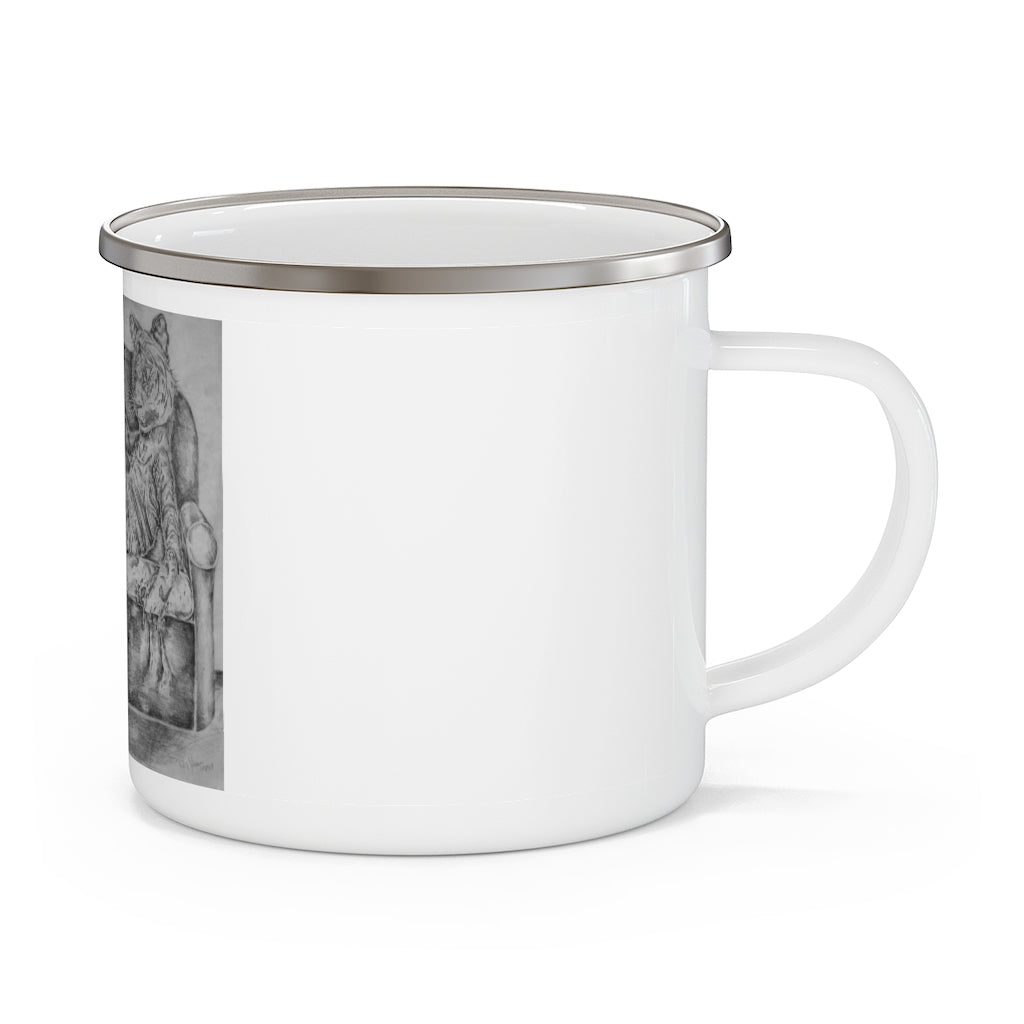 A stylish enamel camping mug featuring a tiger design, perfect for outdoor adventures and personalizing with your favorite images.