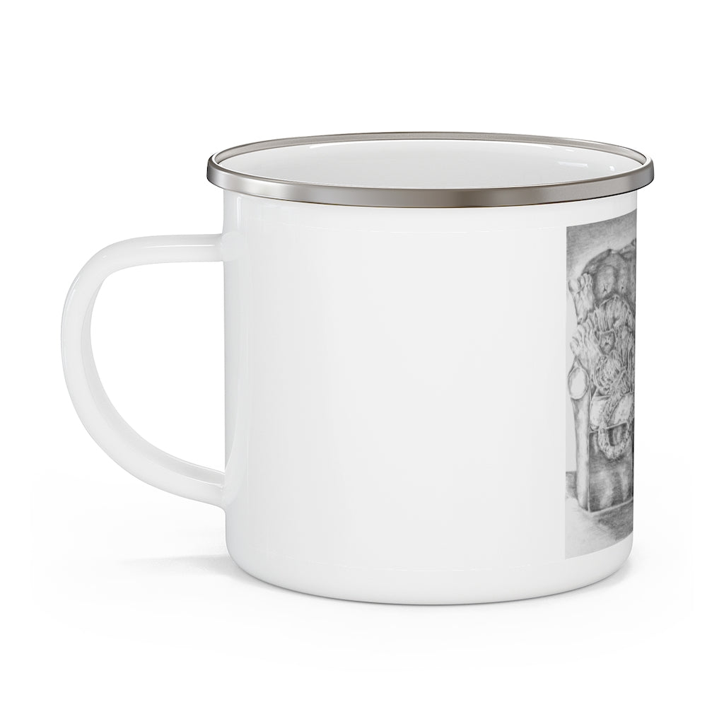 A stylish enamel camping mug featuring a tiger design, perfect for outdoor adventures and personalizing with your favorite images.