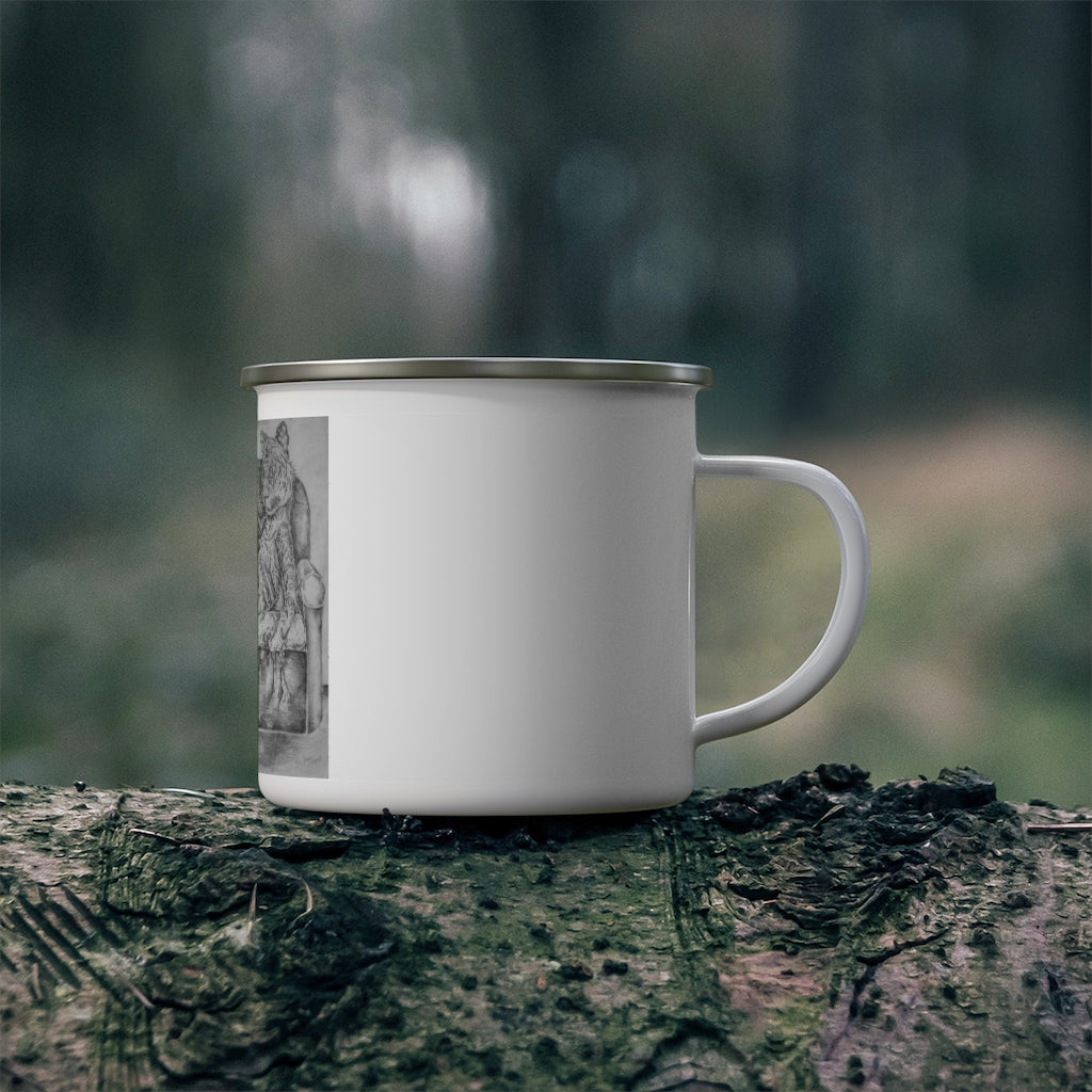 A stylish enamel camping mug featuring a tiger design, perfect for outdoor adventures and personalizing with your favorite images.