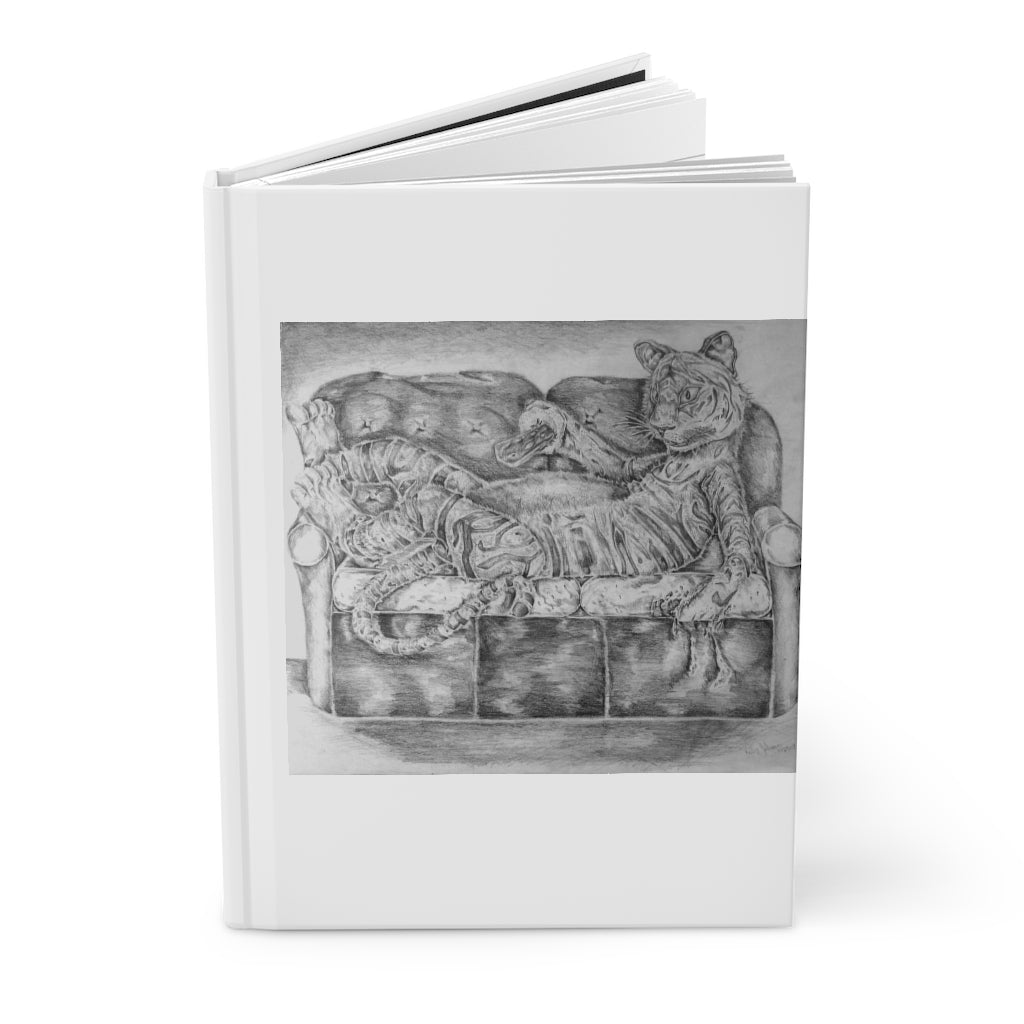 Tiger on a Couch Hardcover Journal with matte finish, featuring customizable covers and lined pages.