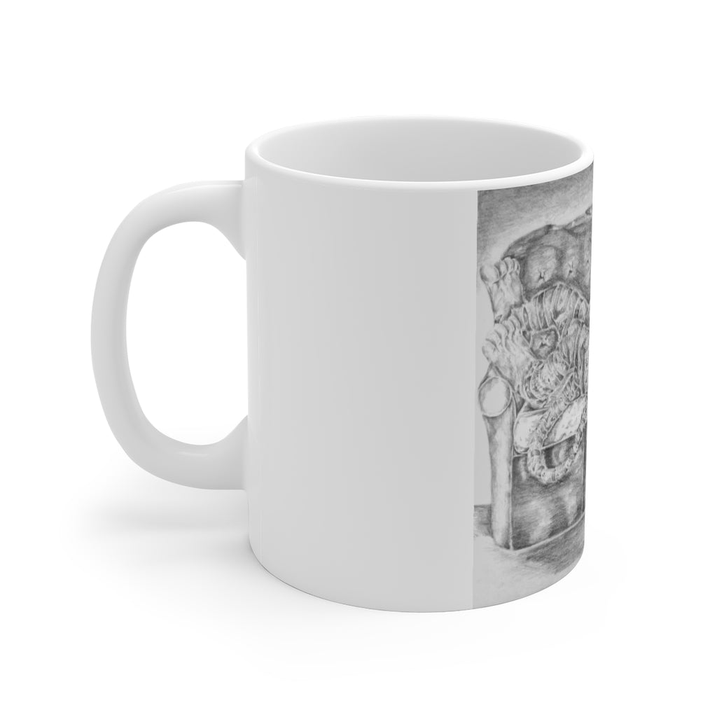 A stylish 11oz ceramic mug featuring a playful tiger design, perfect for coffee or tea with a comfortable grip handle.