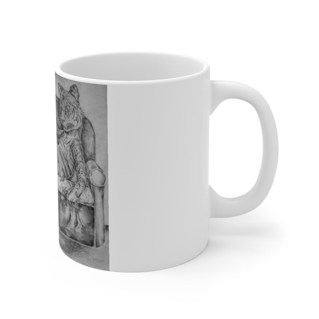 A stylish 11oz ceramic mug featuring a playful tiger design, perfect for coffee or tea with a comfortable grip handle.