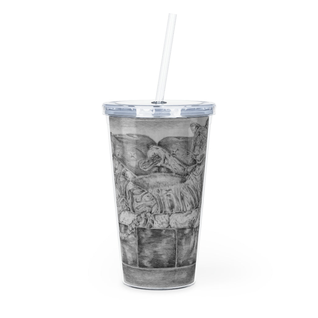 Tiger on a Couch Plastic Tumbler with Straw, featuring a vibrant design and double wall insulation for temperature control.