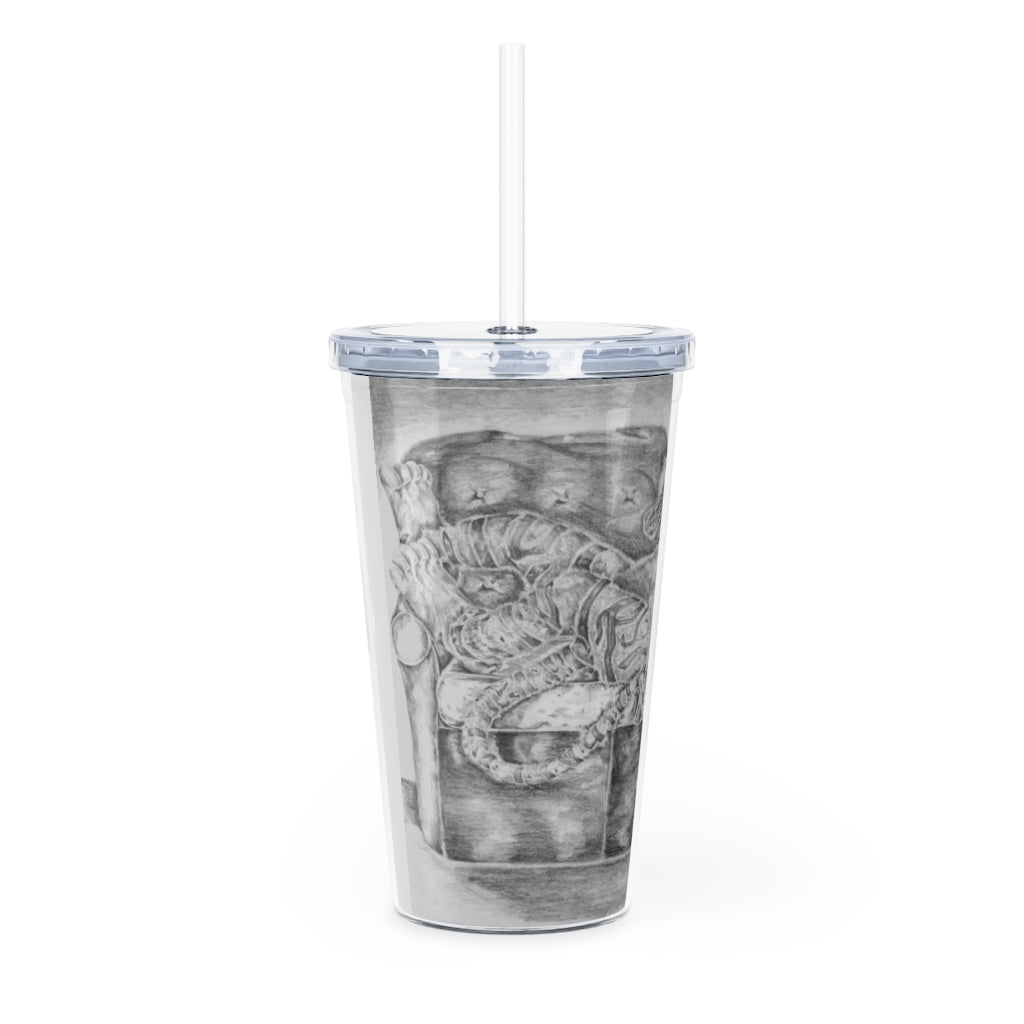 Tiger on a Couch Plastic Tumbler with Straw, featuring a vibrant design and double wall insulation for temperature control.