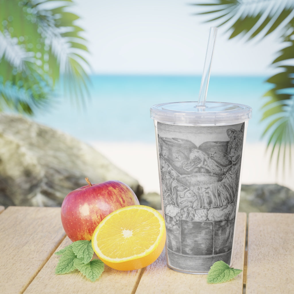 Tiger on a Couch Plastic Tumbler with Straw, featuring a vibrant design and double wall insulation for temperature control.