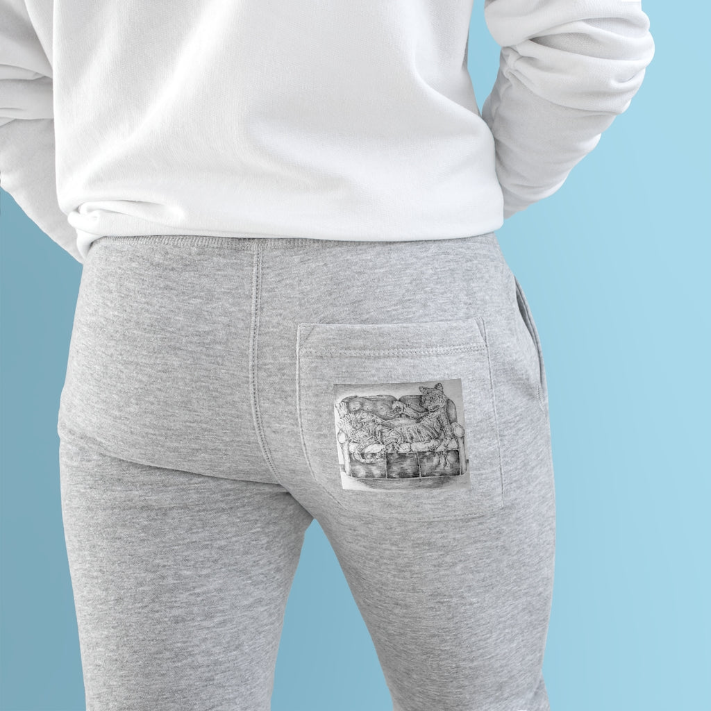 Tiger on a Couch Premium Fleece Joggers showcasing a stylish design with customizable back pocket and two side pockets.