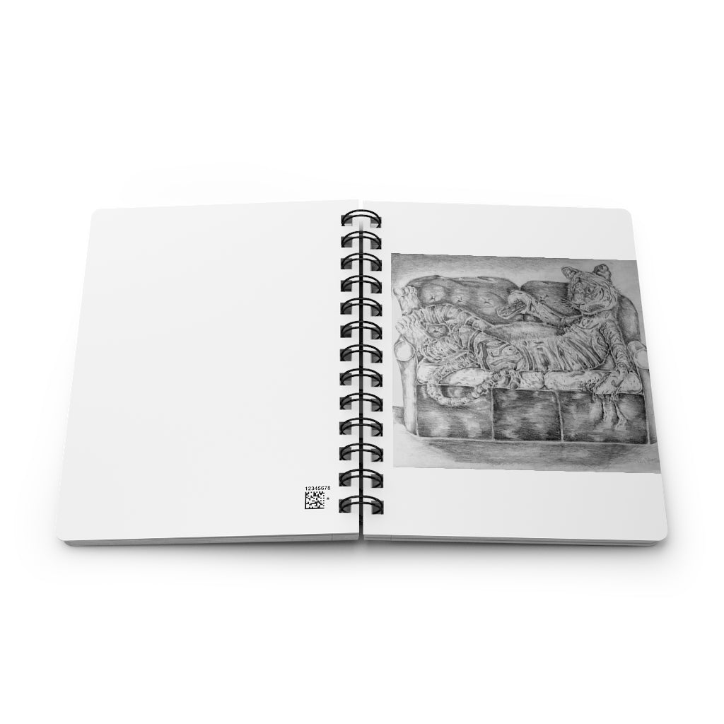 Tiger on a Couch Spiral Bound Journal with glossy cover and lined pages, showcasing a vibrant tiger design.