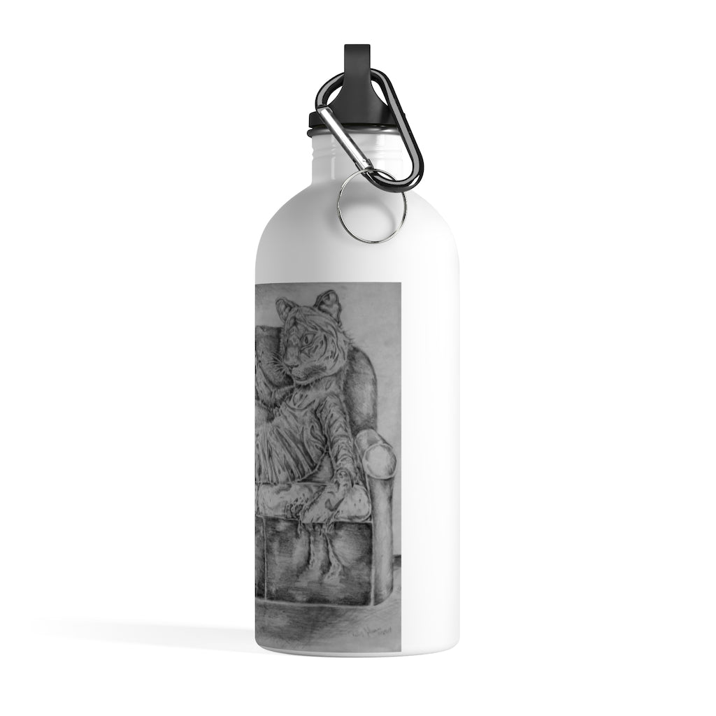 A stylish stainless steel water bottle featuring a vibrant print of a tiger lounging on a couch, with a plastic screw top and carabiner.