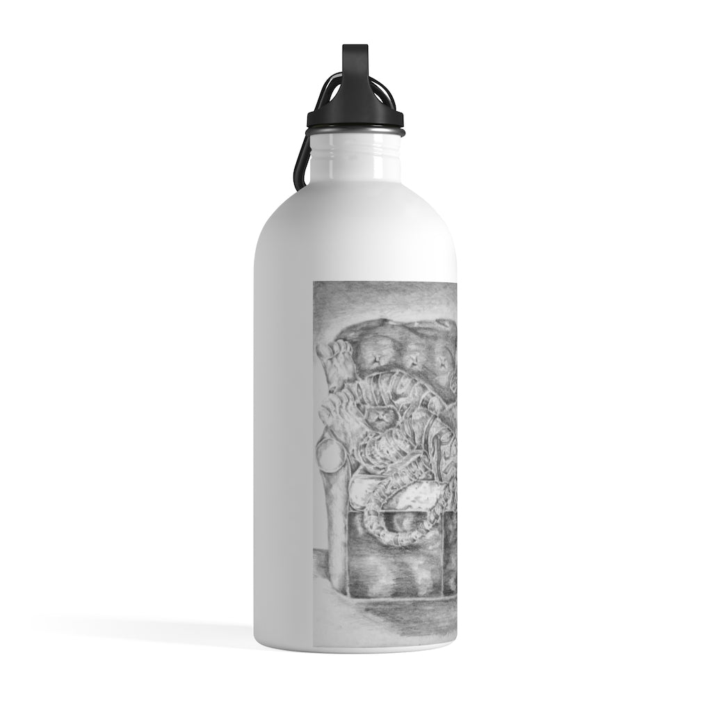 A stylish stainless steel water bottle featuring a vibrant print of a tiger lounging on a couch, with a plastic screw top and carabiner.