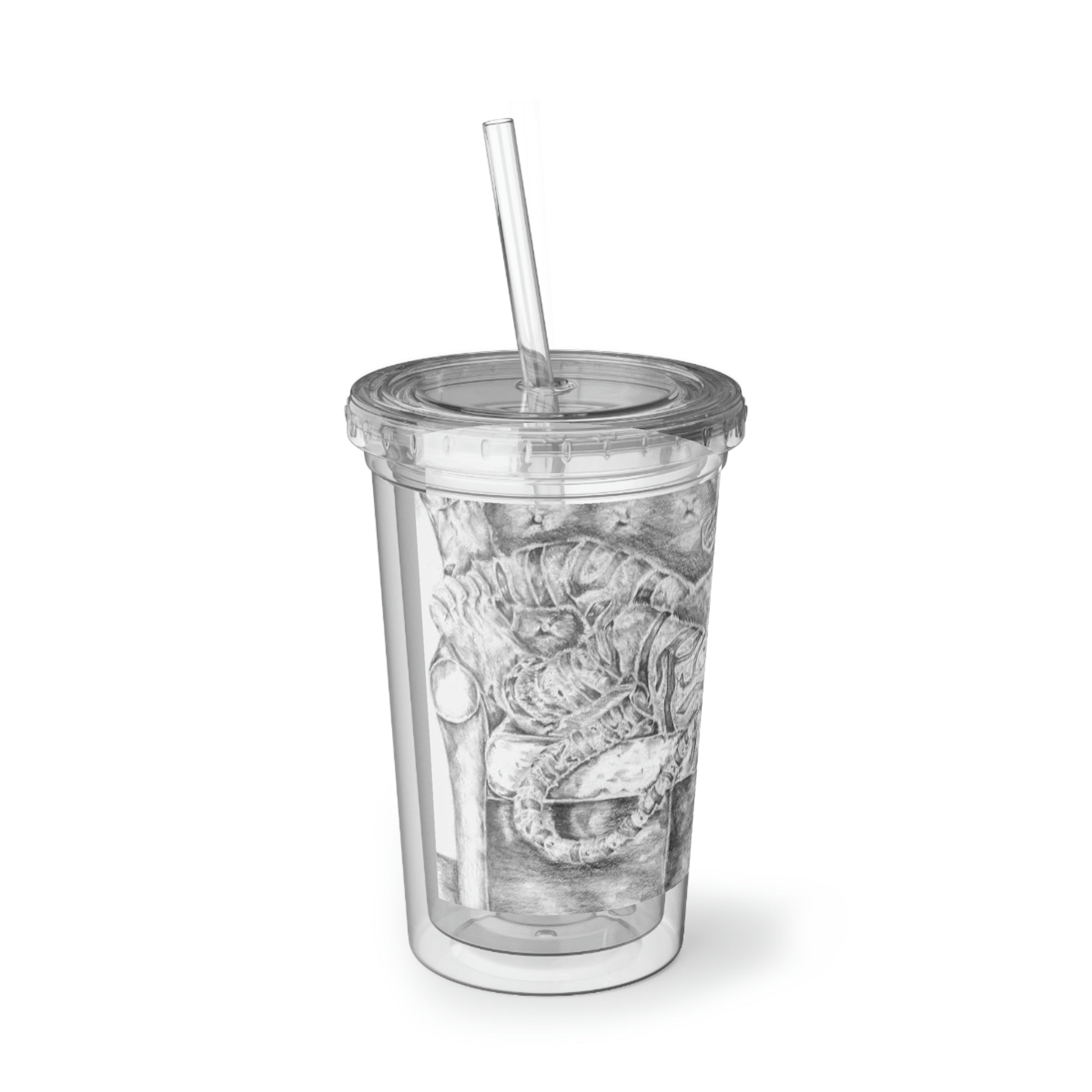 A stylish Tiger on a Couch Suave Acrylic Cup with a vibrant design, featuring a double-wall insulated structure, a plastic lid, and a straw.