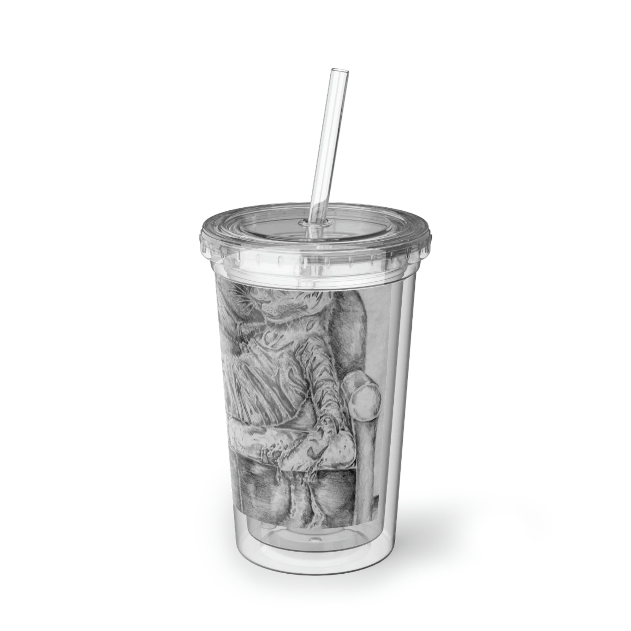 A stylish Tiger on a Couch Suave Acrylic Cup with a vibrant design, featuring a double-wall insulated structure, a plastic lid, and a straw.