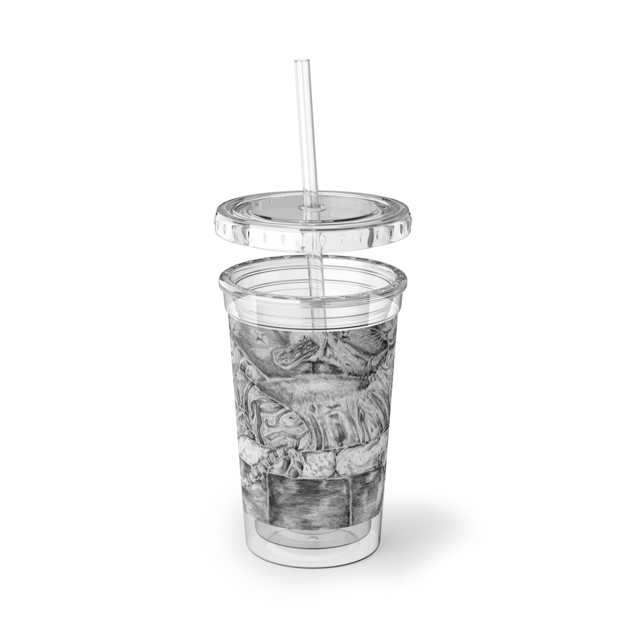 A stylish Tiger on a Couch Suave Acrylic Cup with a vibrant design, featuring a double-wall insulated structure, a plastic lid, and a straw.