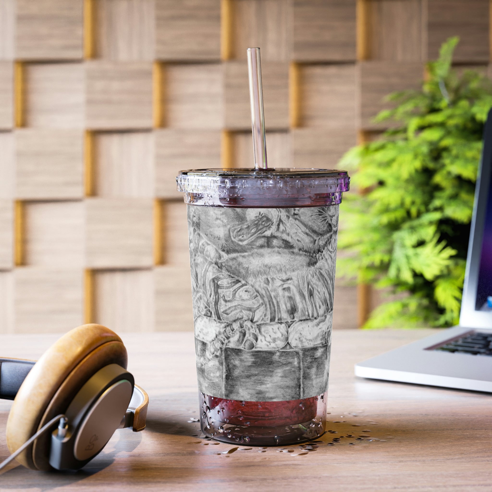 A stylish Tiger on a Couch Suave Acrylic Cup with a vibrant design, featuring a double-wall insulated structure, a plastic lid, and a straw.