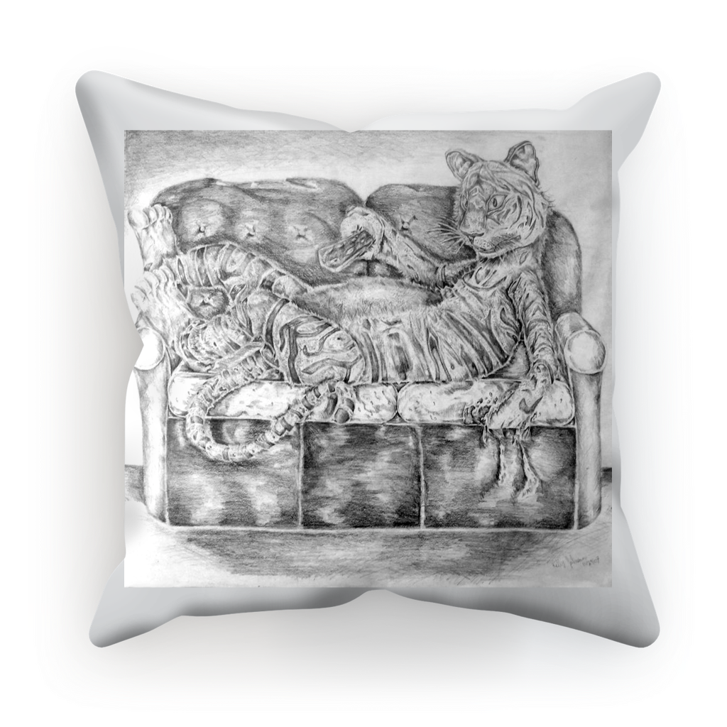 Tiger on a Couch Sublimation Cushion Cover featuring a vibrant tiger design on a soft suede or satin fabric, available in two sizes.