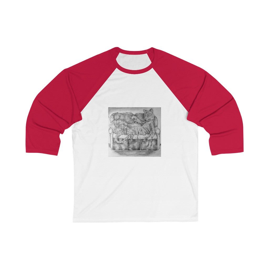 Tiger on a Couch Unisex 3/4 Sleeve Baseball Tee featuring stylish design and comfortable fit.