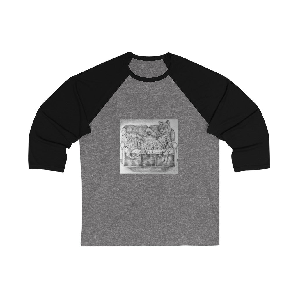 Tiger on a Couch Unisex 3/4 Sleeve Baseball Tee featuring stylish design and comfortable fit.