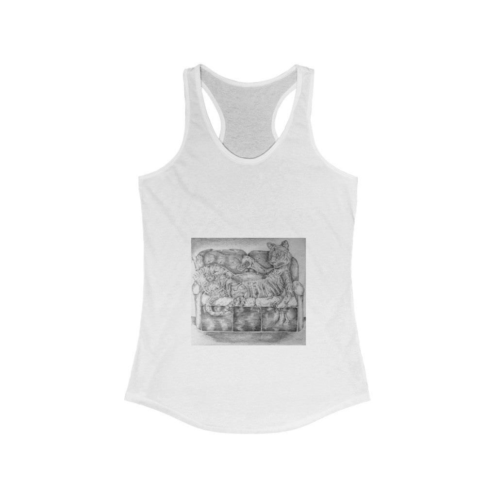 A stylish women's racerback tank top featuring a vibrant tiger print design, perfect for casual wear.