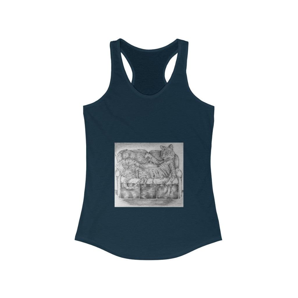 A stylish women's racerback tank top featuring a vibrant tiger print design, perfect for casual wear.