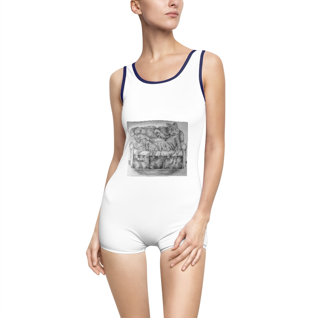 Tiger on a Couch Women's Vintage Swimsuit featuring a deep U-shape neck and customizable design, perfect for confident women.