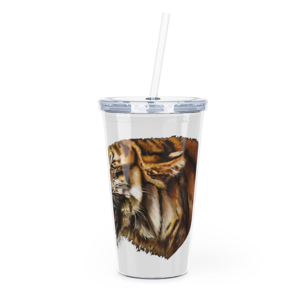 Tiger Plastic Tumbler with Straw, featuring a customizable design and double wall insulation, perfect for parties and gatherings.