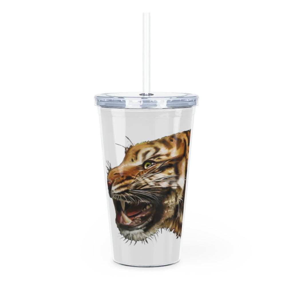 Tiger Plastic Tumbler with Straw, featuring a customizable design and double wall insulation, perfect for parties and gatherings.