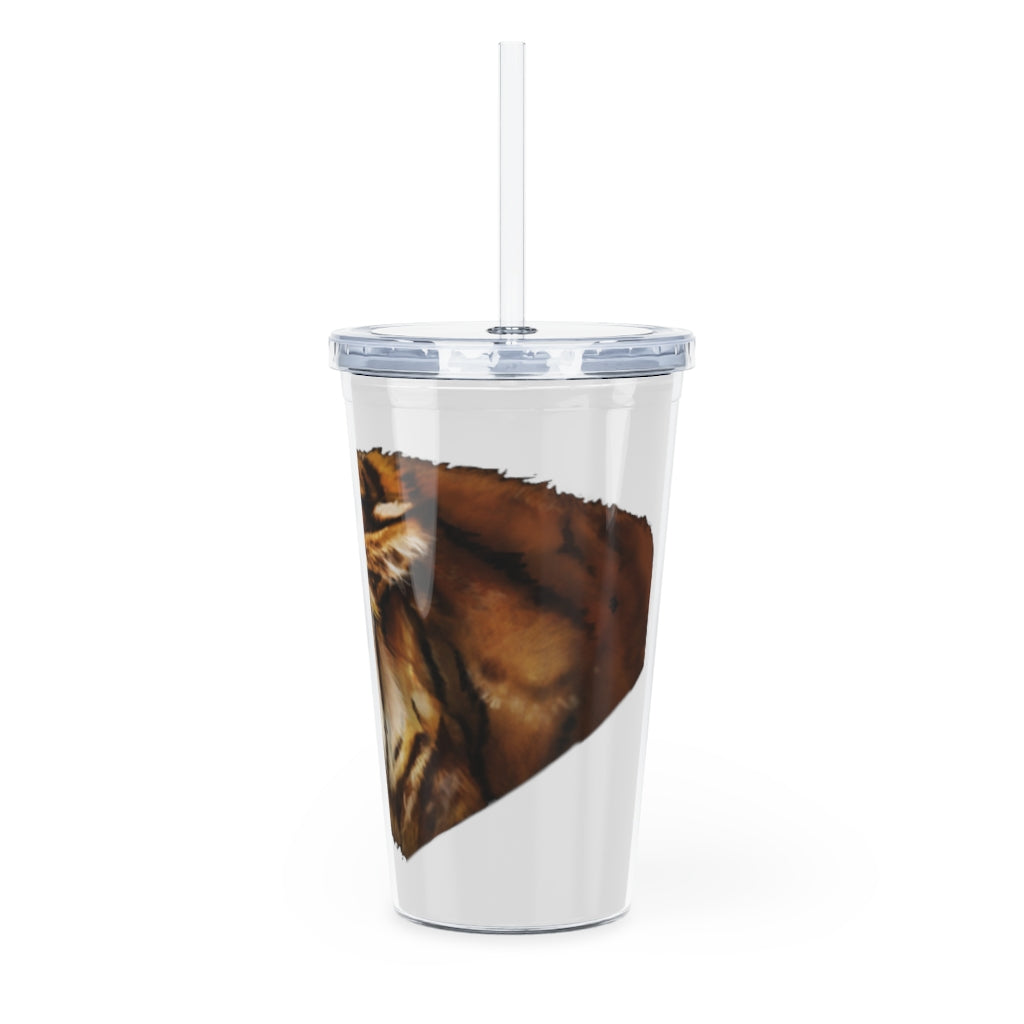 Tiger Plastic Tumbler with Straw, featuring a customizable design and double wall insulation, perfect for parties and gatherings.