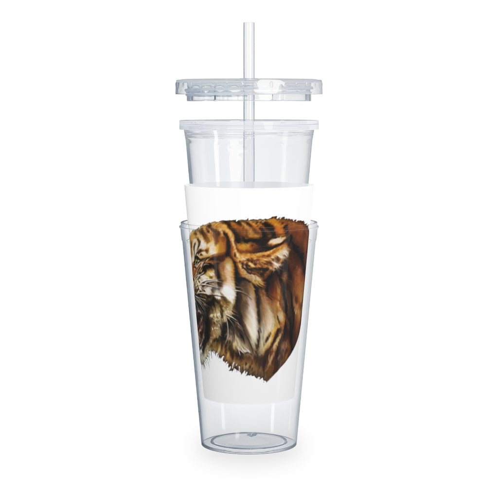 Tiger Plastic Tumbler with Straw, featuring a customizable design and double wall insulation, perfect for parties and gatherings.