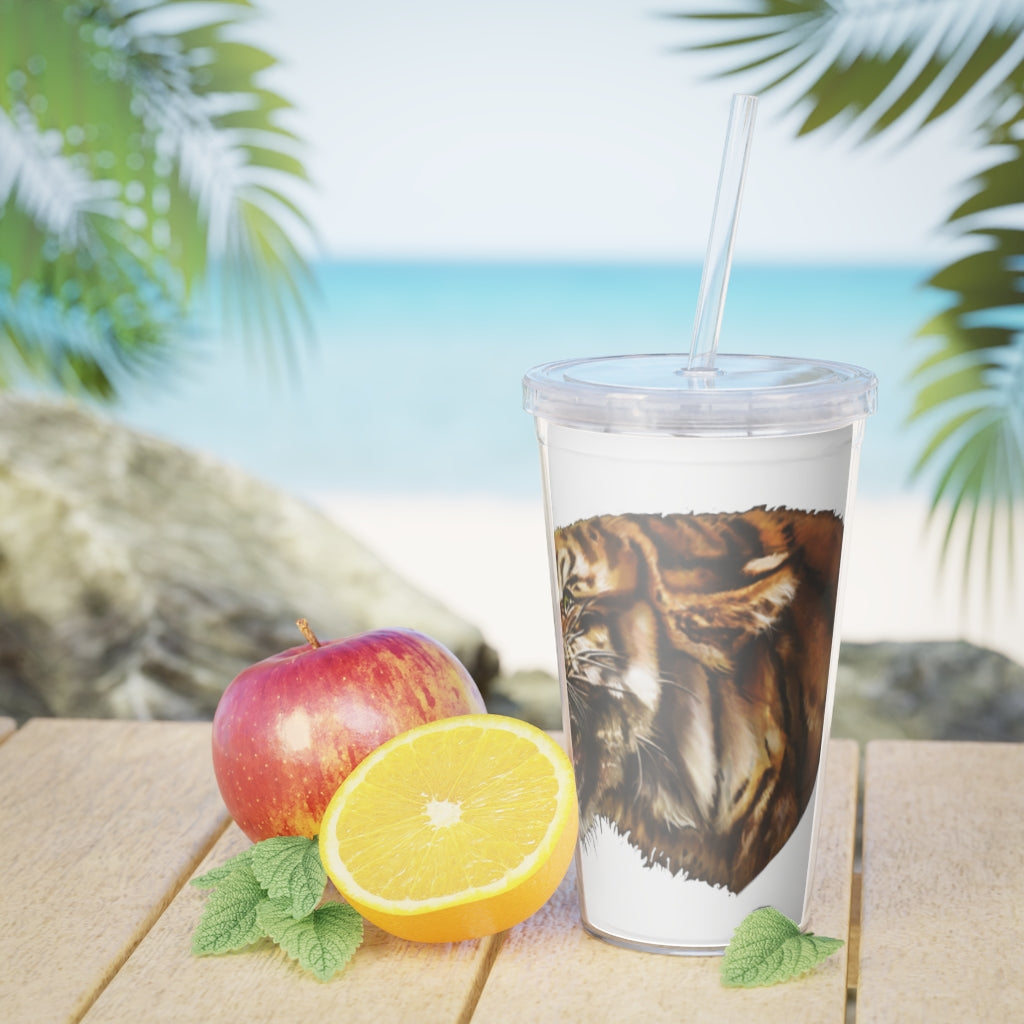 Tiger Plastic Tumbler with Straw, featuring a customizable design and double wall insulation, perfect for parties and gatherings.