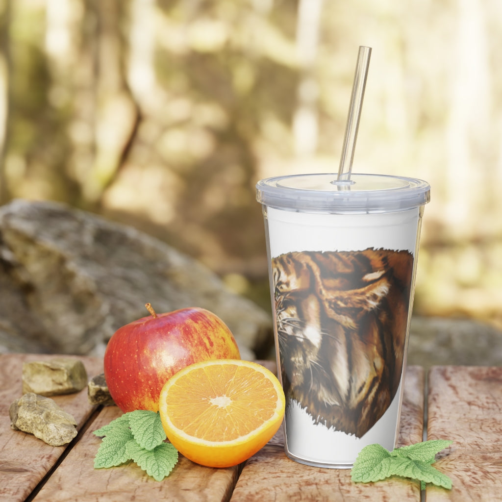 Tiger Plastic Tumbler with Straw, featuring a customizable design and double wall insulation, perfect for parties and gatherings.