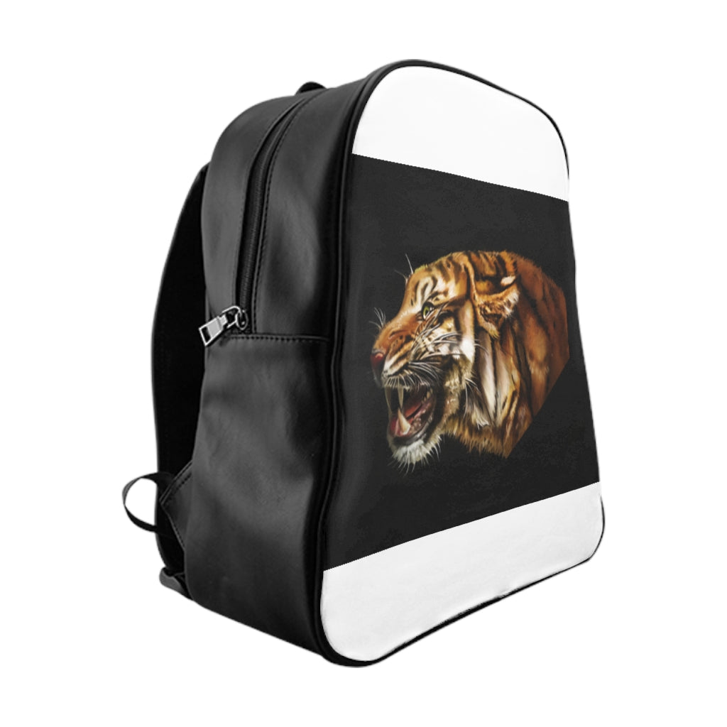 Tiger School Backpack featuring a stylish tiger print design, padded back, and multiple inside pockets for organization.