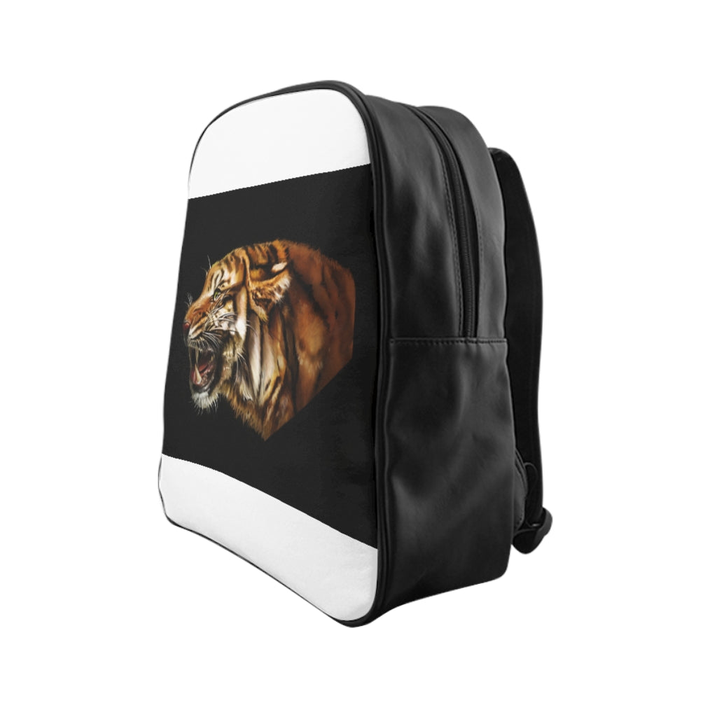 Tiger School Backpack featuring a stylish tiger print design, padded back, and multiple inside pockets for organization.