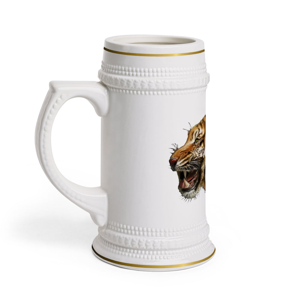 Tiger Stein Mug made of durable white ceramic with ribbed outlines, perfect for customization and everyday use.