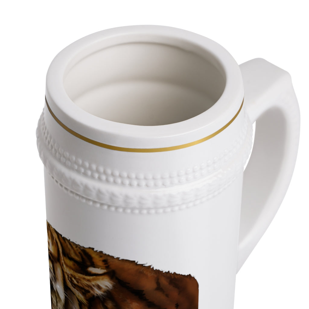 Tiger Stein Mug made of durable white ceramic with ribbed outlines, perfect for customization and everyday use.