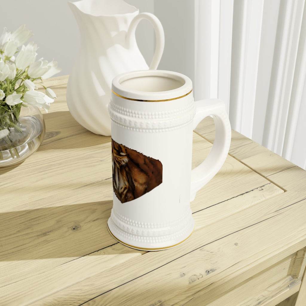 Tiger Stein Mug made of durable white ceramic with ribbed outlines, perfect for customization and everyday use.