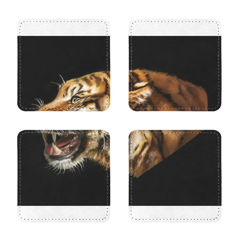 Pack of four Tiger Sublimation Coasters made from PU leather, featuring a white printable face and white stitching, available in square and round shapes.