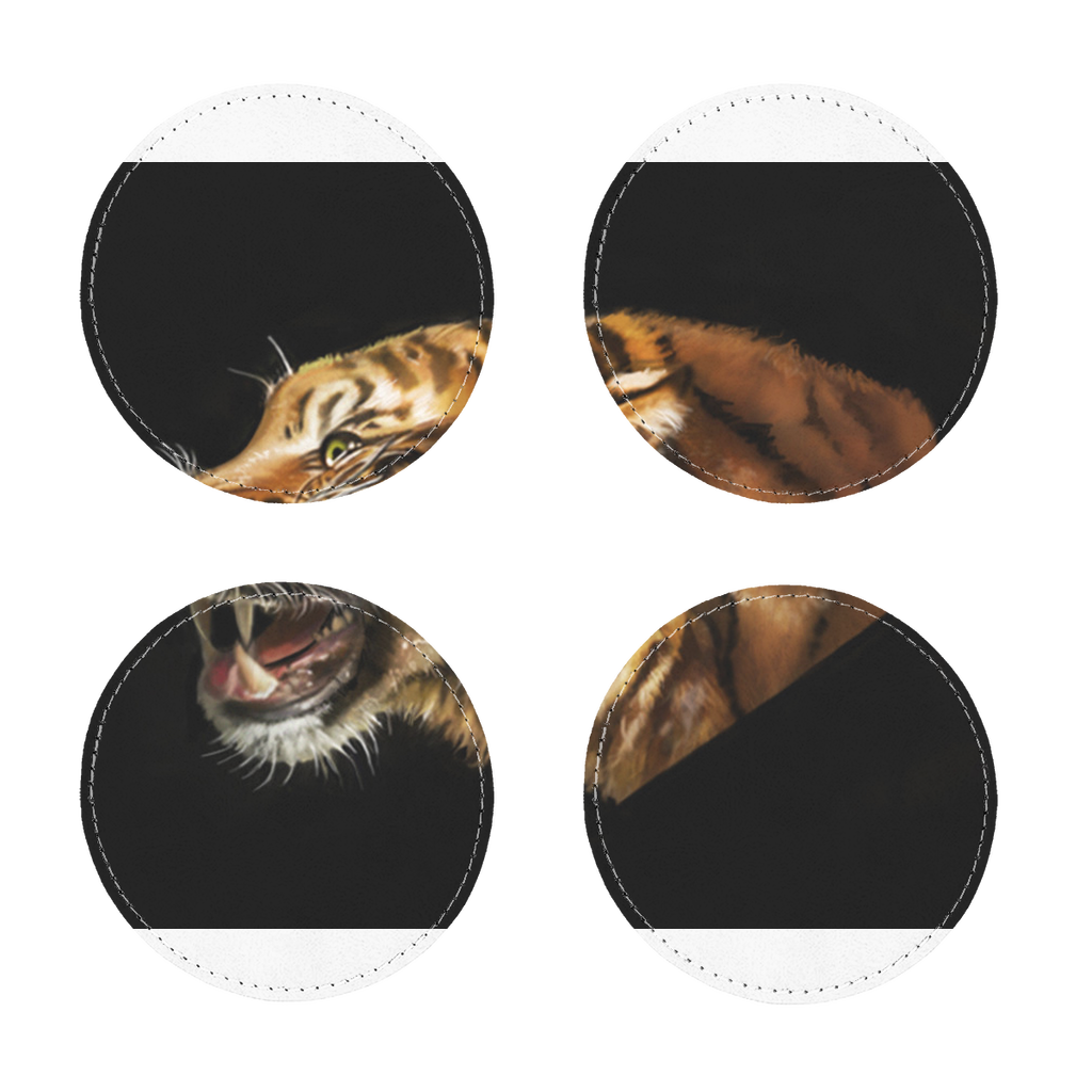 Pack of four Tiger Sublimation Coasters made from PU leather, featuring a white printable face and white stitching, available in square and round shapes.