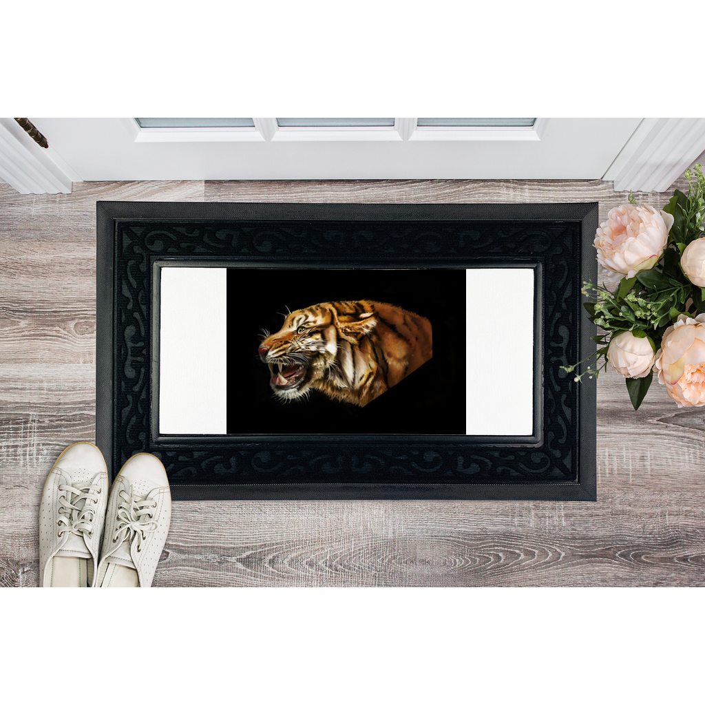 Tiger Sublimation Heavy Duty Door Mat with a stylish fabric brush border and non-slip rubber base, perfect for customization.