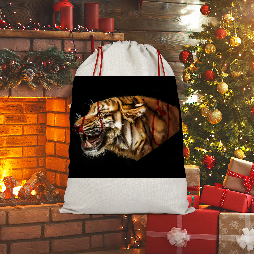 Tiger Sublimation Linen Drawstring Sack with red drawstring, showcasing its linen effect and eco-friendly print, perfect for Christmas gifts.