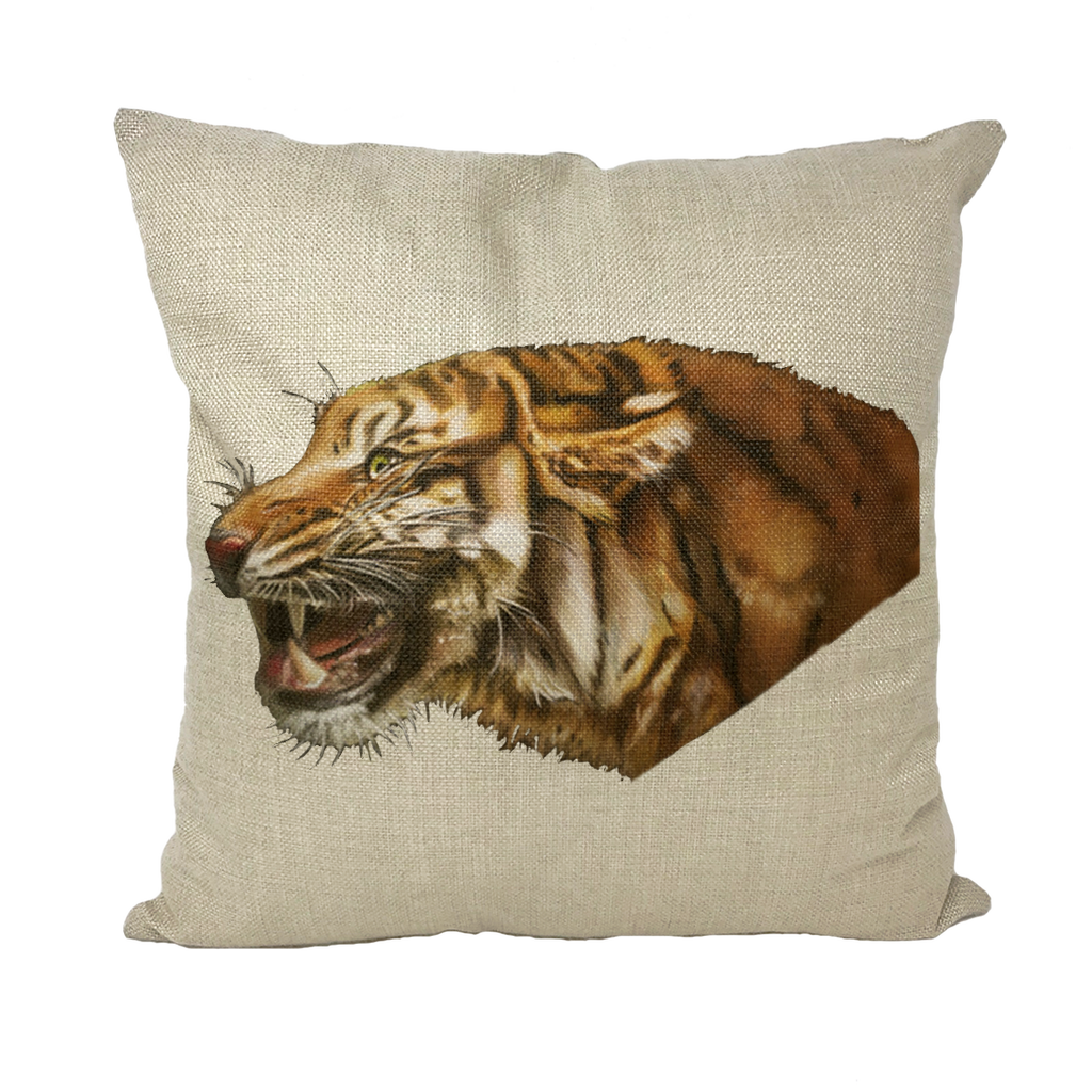 Stylish Tiger Throw Pillows in various materials including linen, canvas, and suede, showcasing vibrant tiger designs.