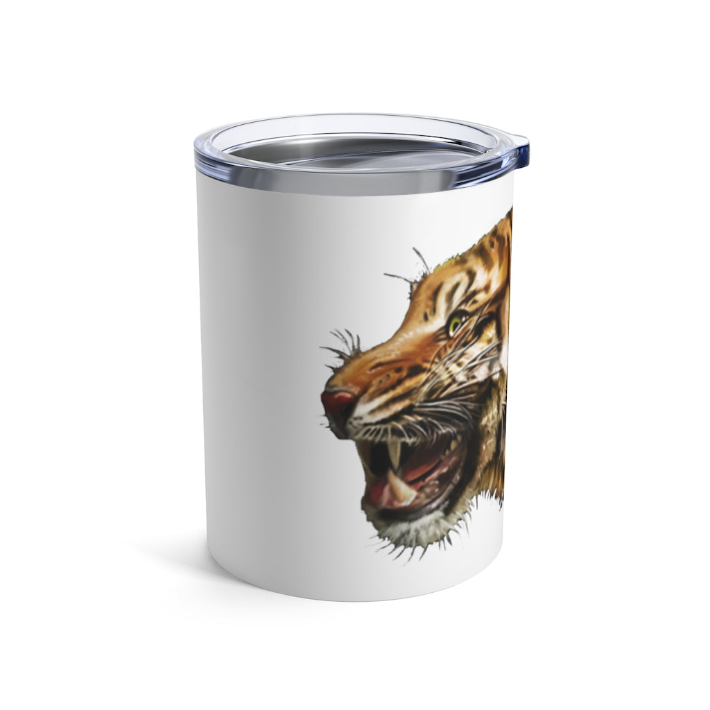 Tiger Tumbler 10oz in stainless steel with a see-thru plastic lid, showcasing its sleek design and rounded corners.