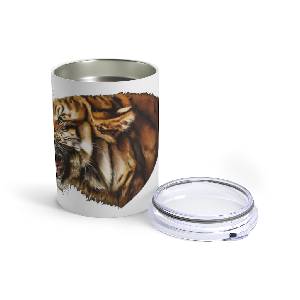 Tiger Tumbler 10oz in stainless steel with a see-thru plastic lid, showcasing its sleek design and rounded corners.